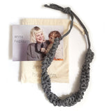 stretch woven cotton grey necklace with protective pouch and designers postcard