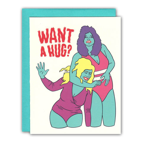 Betty Turbo - Want a Hug? Blue Female Wrestlers in Headlock Greeting Card
