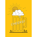 llustration of a traditional beer glass on a yellow sunny background with the word Cheers!
