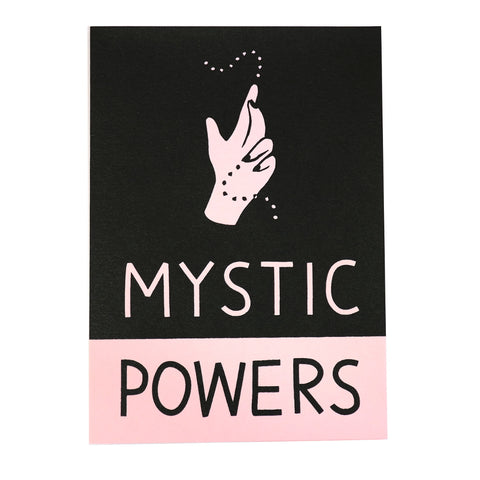 mystic powers hand spell greetings card in pink and black